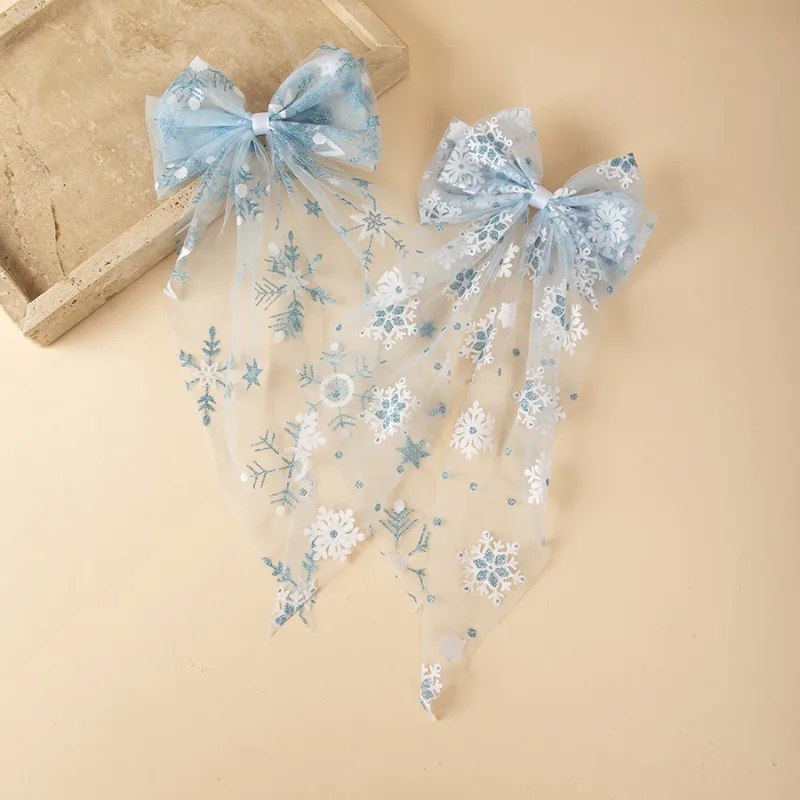 

Детская заколка для волос с бантом в виде снежинки для девочек, светло-голубая тюлевая лента, аксессуары для волос, головной убор принцессы для рождественской и новогодней вечеринки A1877