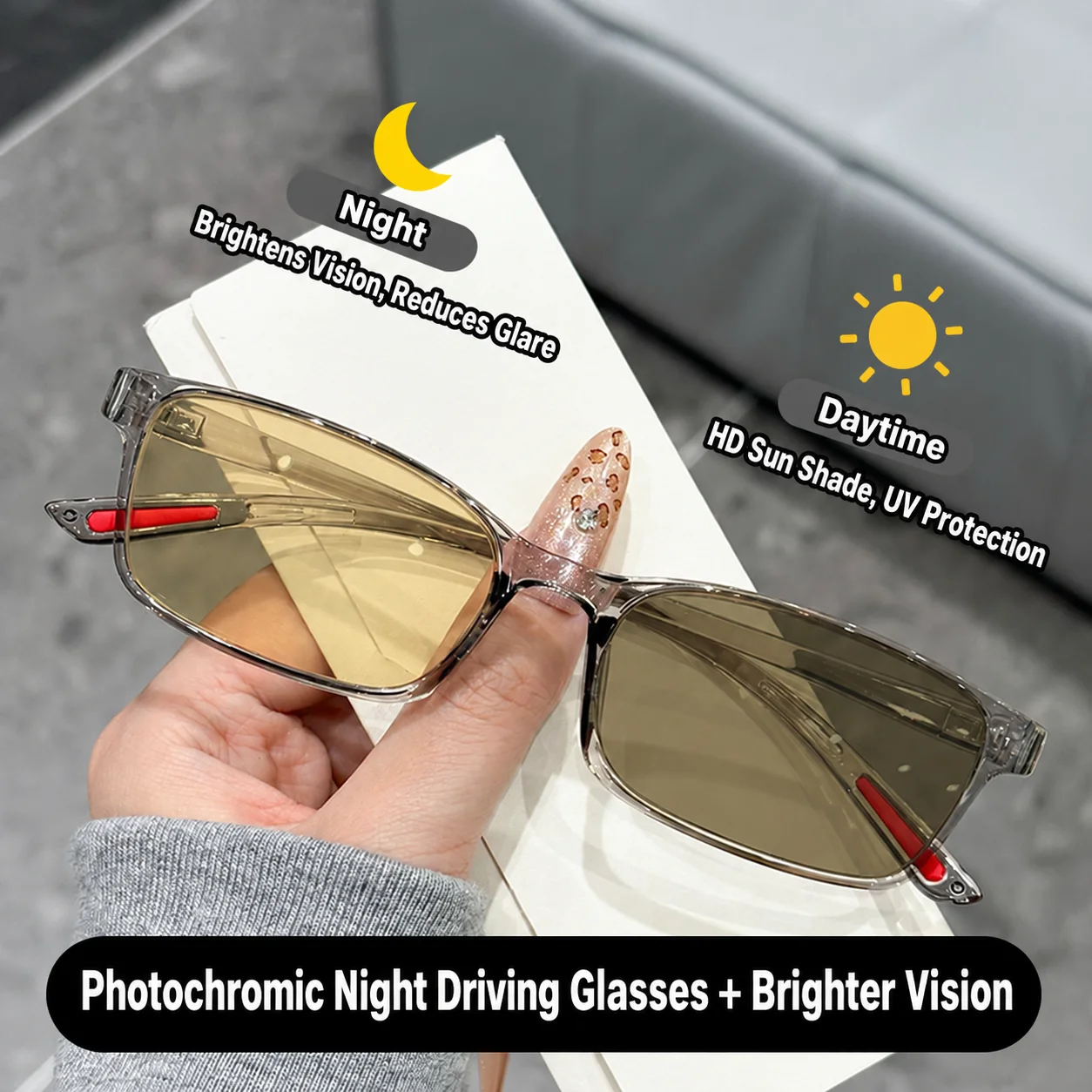 Photochromic Night Sunglasses Night Square Sunglasses Unisex Sunglasses Full Frame For Outdoor Outing Night Riding Daily