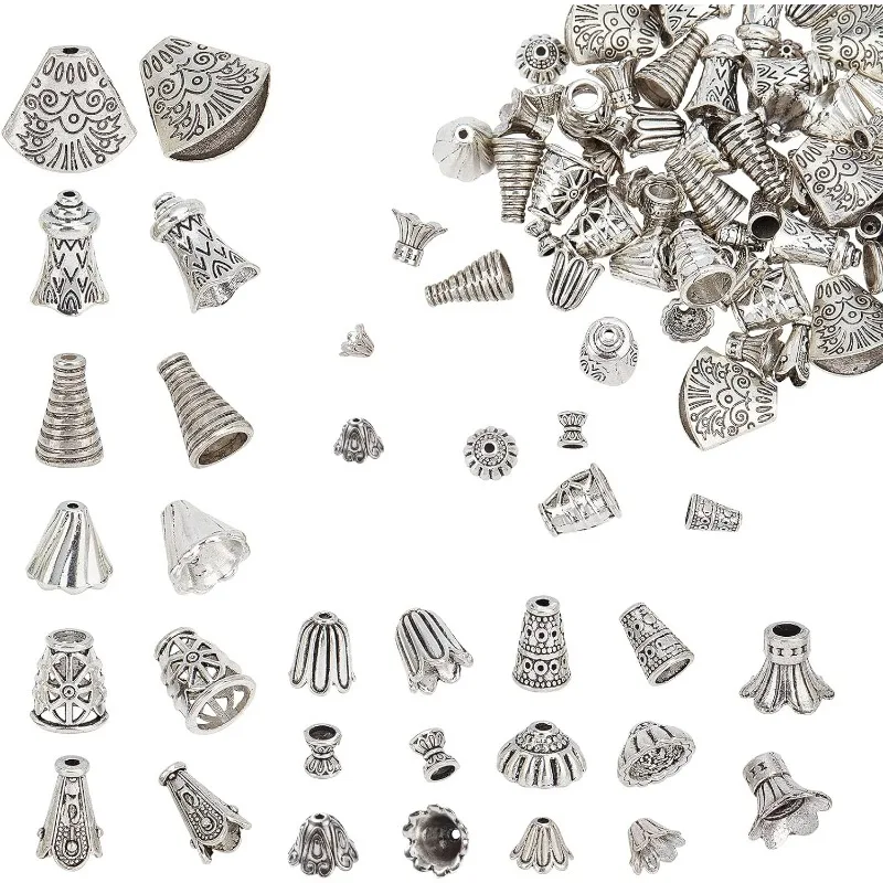 

78Pcs 13 Styles Metal Cone Beads Silver Alloy Bead Cap Tibetan Bead Caps Flower End Caps for Jewelry Making Supplies Crafts DIY