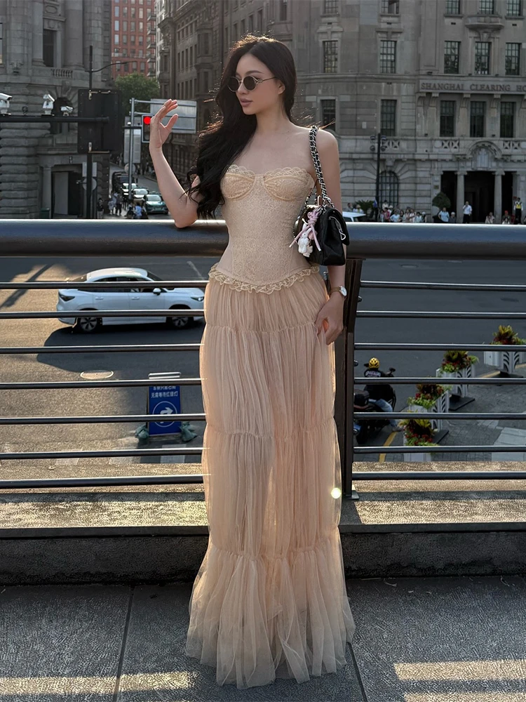 Macheda Y2K スイートスタイル 2 点セット女性オフショルダーフリル裾コルセットトップス + シャーリングドレープメッシュスカートマッチングエレガントなスーツ