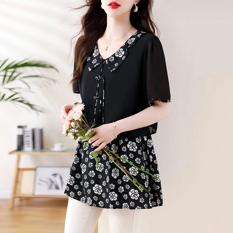 Women\'s Summer Pullover Turn-down Collar Drawstring Floral Printing Short Sleeve Gauze Chiffon T-shirt Casual Office Lady Tops