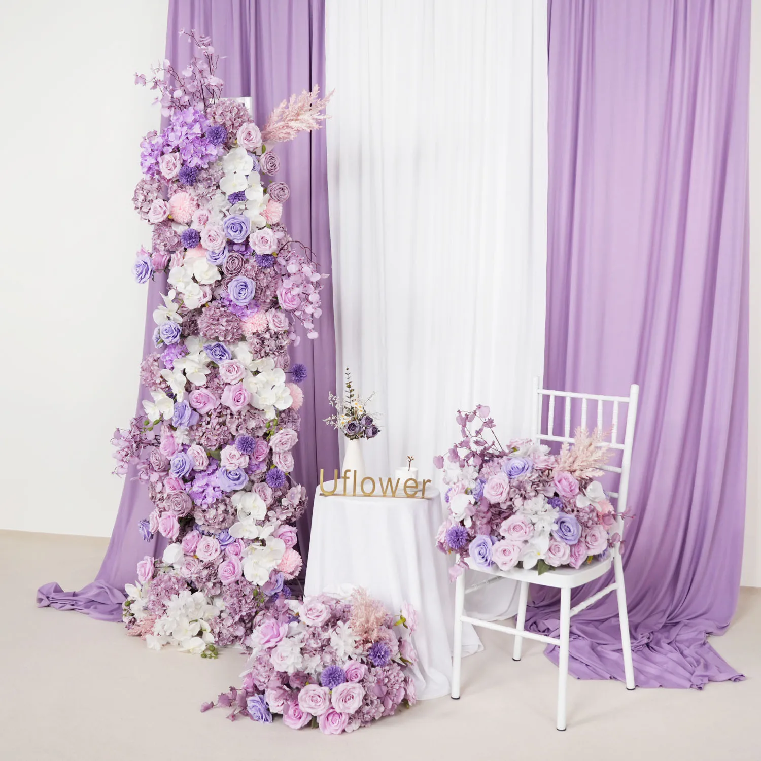 5D Luxury Purple Pink White Rose Wedding Flower Row Arch Cherry Hang Floral Arrangement Backdrop Banquet Event Party Props Decor