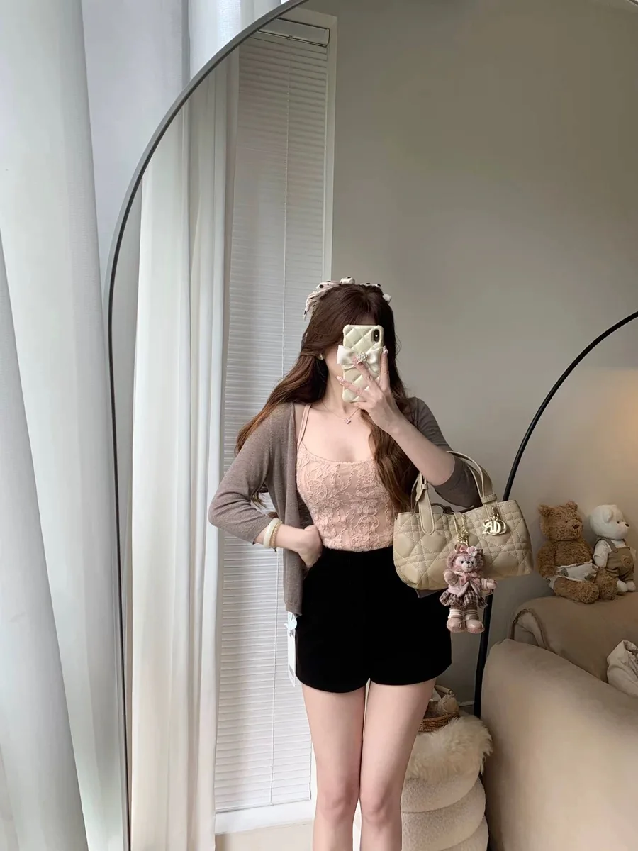 

Cross Back Versatile Cardigan Short Sleeve round Neck Pullover Spring Summer Women's Casual Sportswear Set