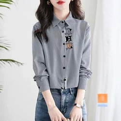 Fashion Lapel Button Striped Cartoon Embroidery Shirts Women's Clothing 2024 Autumn New Loose All-match Tops Casual Blouses