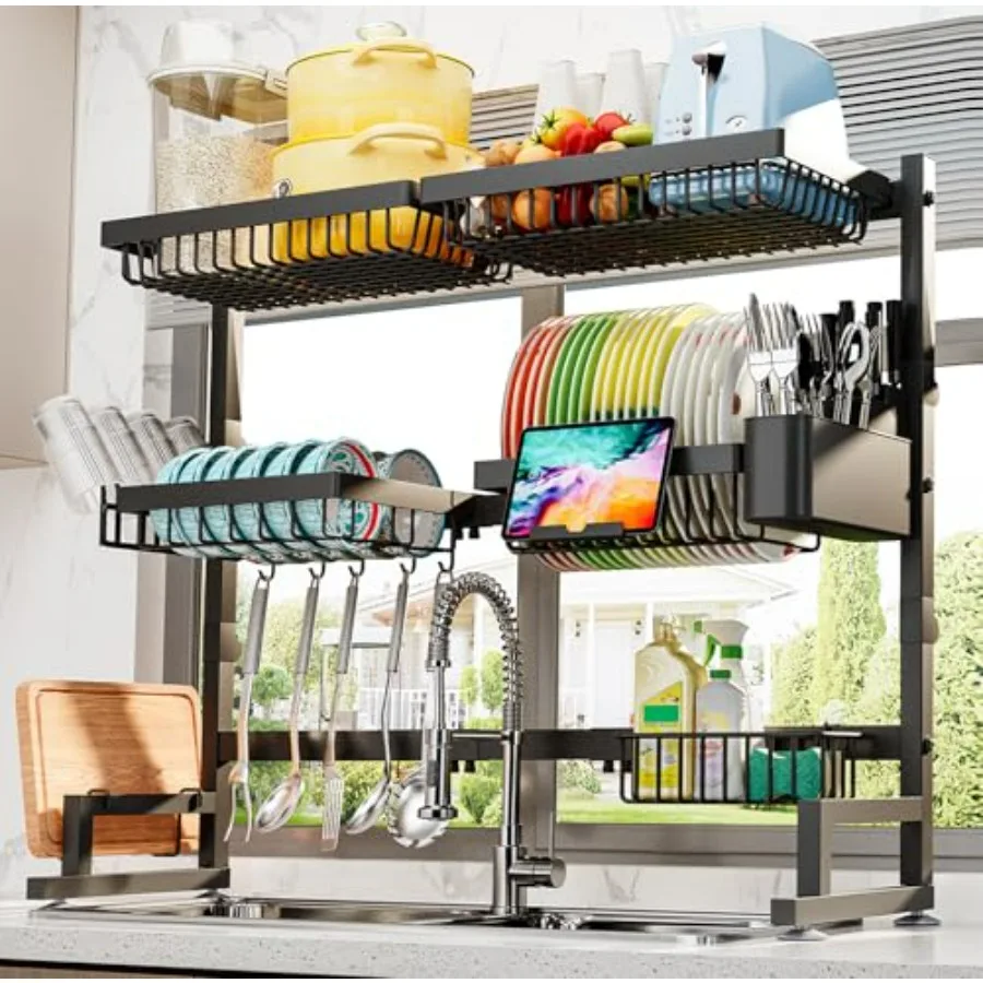 

Over The Sink Dish Drying Rack Expandable Hght and Length Snap-On Design 2 Tier Large Dish Rack 27-40L x 12W x 32.5-37H Inches
