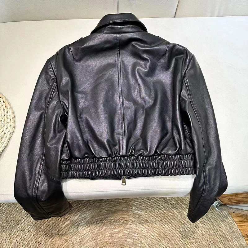 Retro Brown Sheepskin Motorcycle Jacket Women's Genuine Leather Jacket 2026 Spring Fashion Casual Black Short Leather Coats Tops