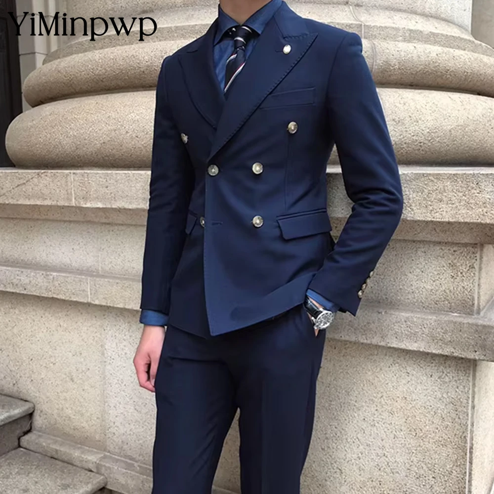 

YiMinpwp Navy Blue Men's Linen Three-Piece Business Slim Fit Formal Wedding Party Groom Office Metal Buttons Suit Sizes XS-5XL