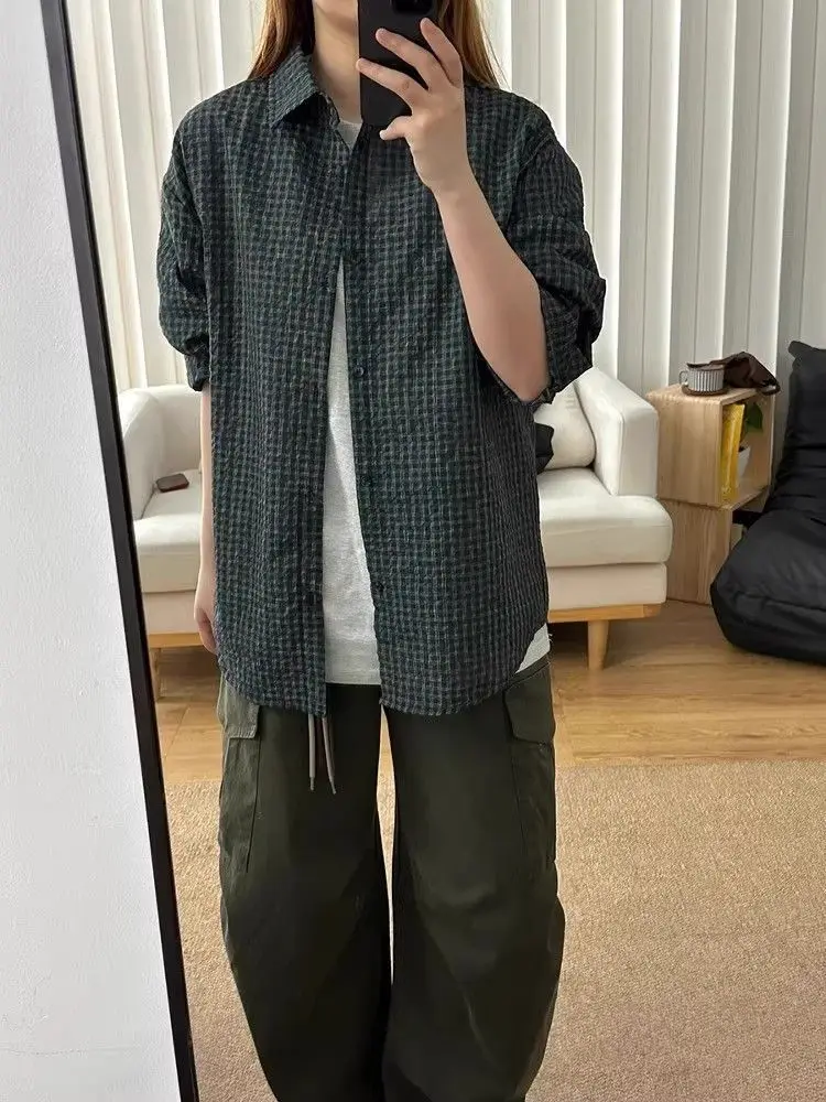 Men's & Women's Vintage Plaid Seersucker Long Sleeve Shirt Chic Loose Fit Casual Sun Protection Overshirt Jacket Hot Nerd