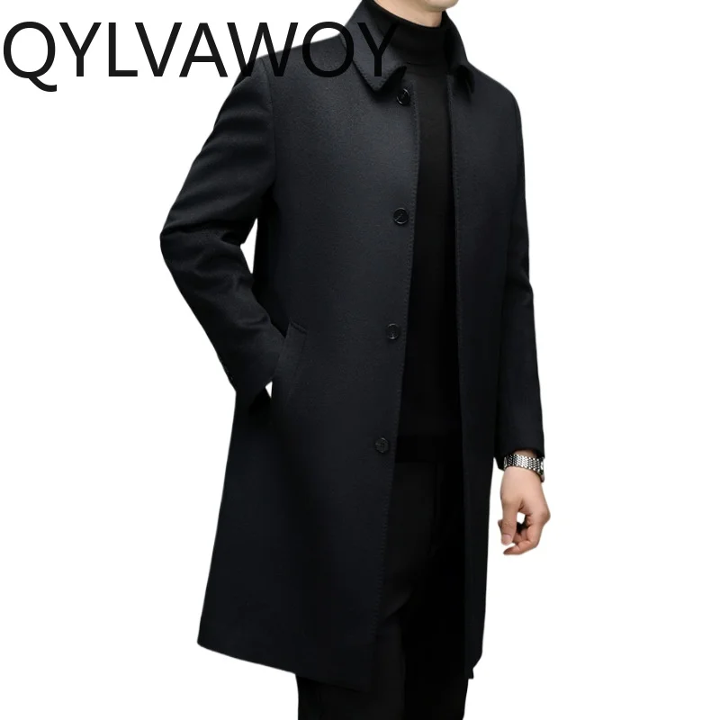 QYLVAWOY New Fashion 2026 High Quality 90% Wool Coat Men Clothing Mid-length Woolen Spliced Real Silk Jacket Casual Trench Coats