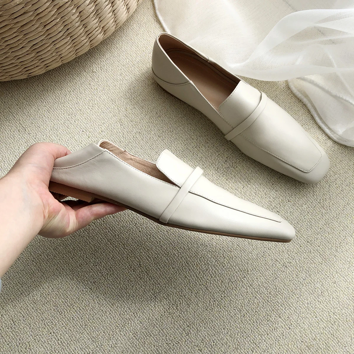 Casual Mules Korea Style Simple Loafers Soft Cowhide Square Toe Lady Mule Shoes Spring Autumn Women Loafer Shoe Slip On Flats