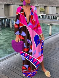 Elegant Women V Neck Bohemian Dress 2022 Long Sleeve Spring Autumn Maxi Dress Female Print Patchwork Loose Long Dress Vestidos