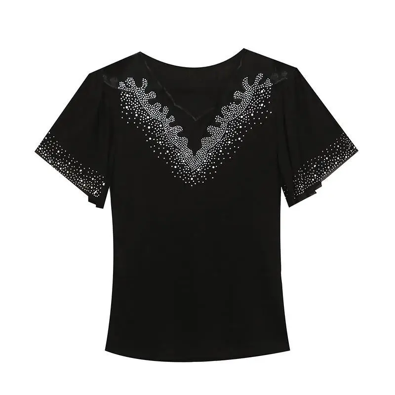 Summer European Clothes Ruffled Tshirt Women's Sexy V Necks Hollow Out Hot Drill Slim Tops Short Sleeve Tees