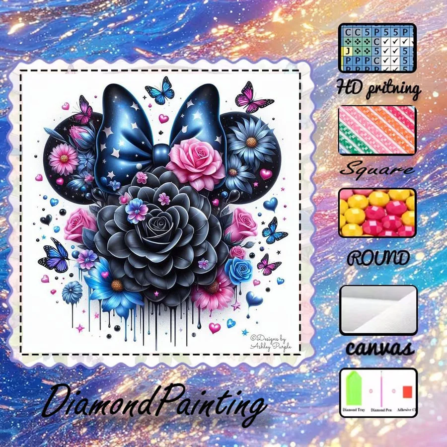 1 Stück - Potdemiel-5D-DIY - Beflockter Stoff - Spezialbohrer - Diamantmalerei-Set - Schmetterling, Blume - Diamantkunst