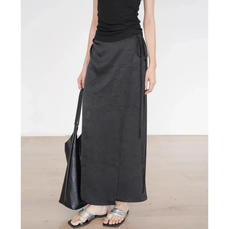 Black Chinese Style Jacquard Midi Skirt High Waist Drawstring Elegant Long Skirt for Women