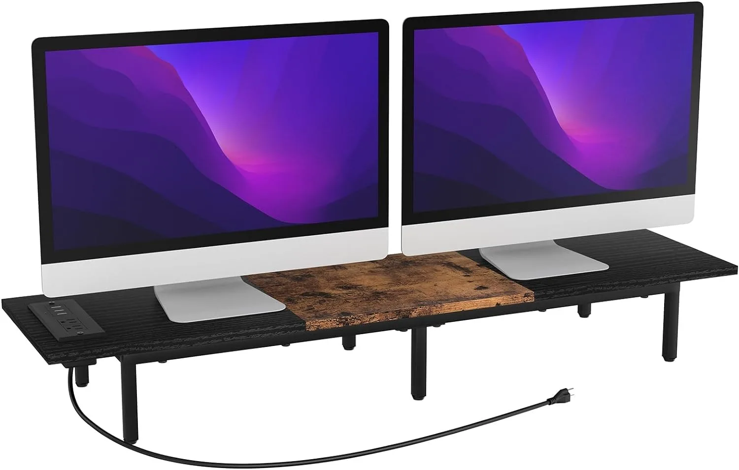 Monitor Stand for 2 Monitors Long Monitor Riser with USB Ports Wood Desktop Computer Riser Monitor Shelf Holder Stand