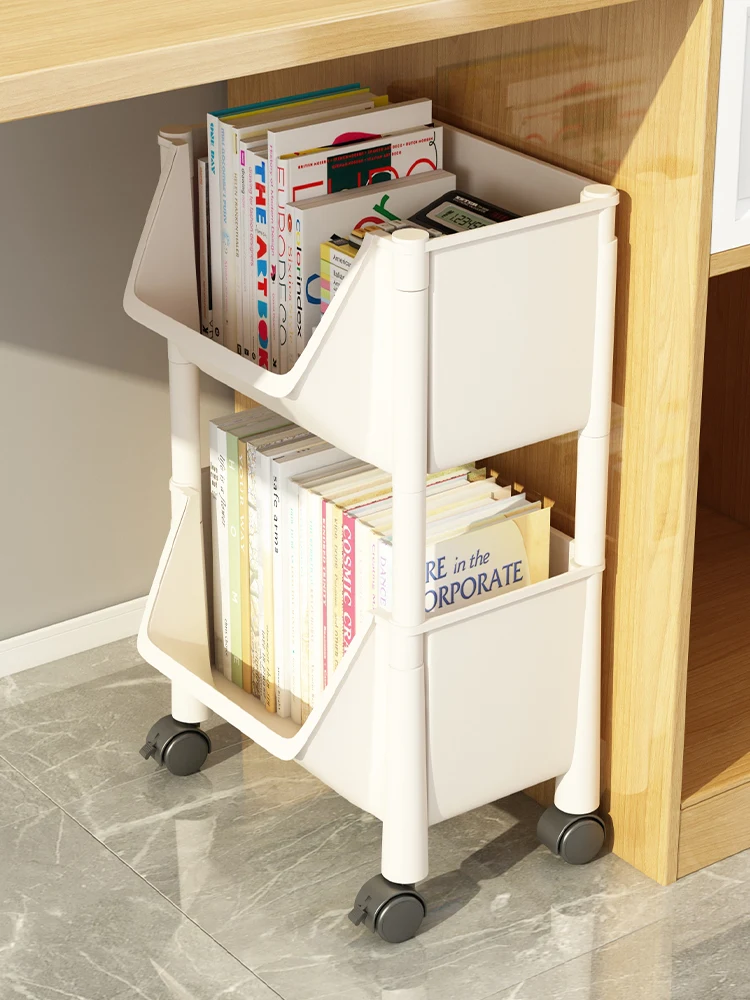 Bookshelves under desks, shelves, floor-to-ceiling trolleys, movable offices