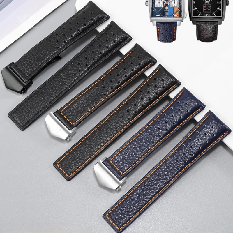 Solid Stainless Steel Folding Buckle Watch Strap for Tag Heuer Monaco Gulf Series Breathable Genuine Cowhide Watchbands 22mm