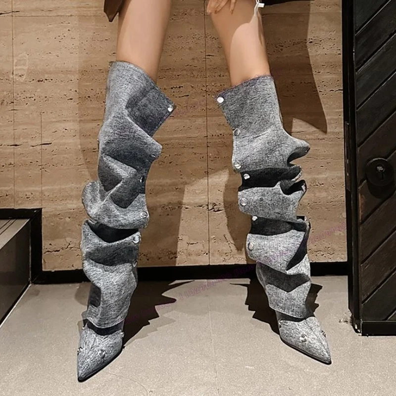 Denim Rivet Decor Pleated Knee High Boots Pointed Toe Shoes for Women Thin High Heels Sexy Lady Shoes 2023 Zapatos Para Mujere