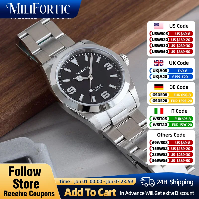 Milifortic 36mm Explorer Homage Watch 10ATM Sapphire Sapphir NH38 Stainless Steel Mechanical Bracelect  Climbing Sports Watches