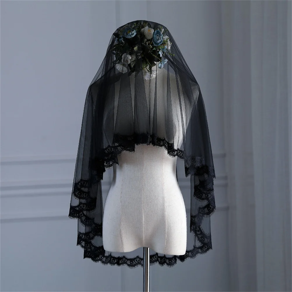المرأة السوداء طبقة واحدة الدانتيل حافة الحجاب الزفاف ، القوطية اكسسوارات الزفاف ، هالوين قصيرة ، الجملة ، 60x80 سم ، 2023