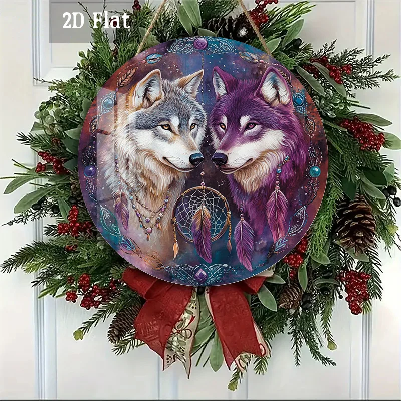 2D Flat, 1pc Dual Wolf Wood Panel Painting, Dreamcatcher Wood Panel Painting, Synthetic Gemstonestone Round Wooden Decoration, F