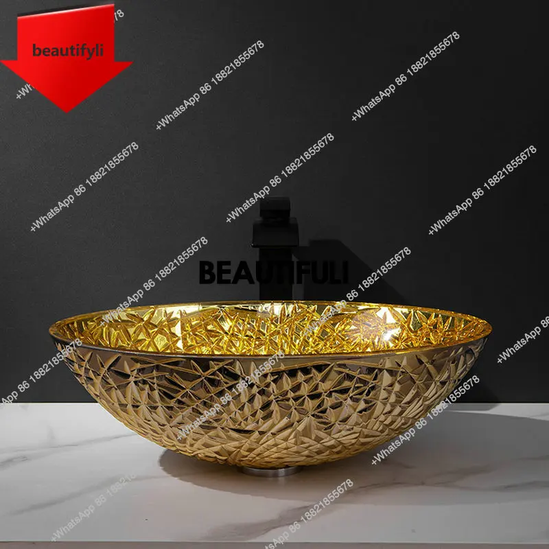 

a44 Gold color electroplated tempered glass countertop basin, oval cracked silver color washbasin, crystal style washbasin