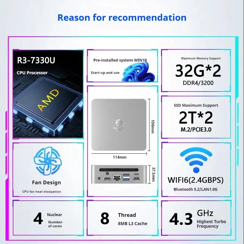 حاسب شخصي صغير طراز Ryzen 3 7330U ، نوافذ 11 ، 4 قلوب ، 8 خيوط ، DDR4 ، قاء Mhz ، GB ، mi GB ، M.2 SSD ، WiFi 6 ، BT5.2 ، لعبة كمبيوتر مكتبي ، جديد