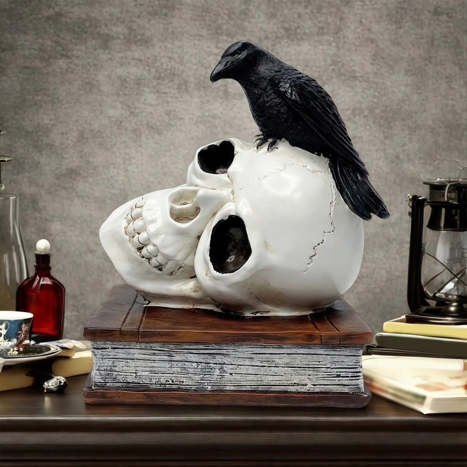 

Vintage Resin Skull Statue Skeleton Props Sculpture Home Office Desk Decoration Ornament Halloween Decor Haunted House Decor