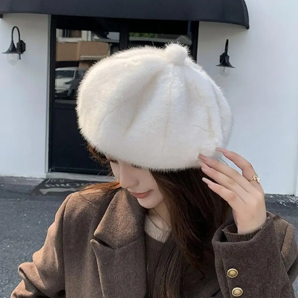 Boinas de piel sintética de visón para mujer, gorro de felpa de visón cálido para invierno, boina elegante para mujer, gorro de pintor de artista, gorros gruesos y cálidos de calabaza