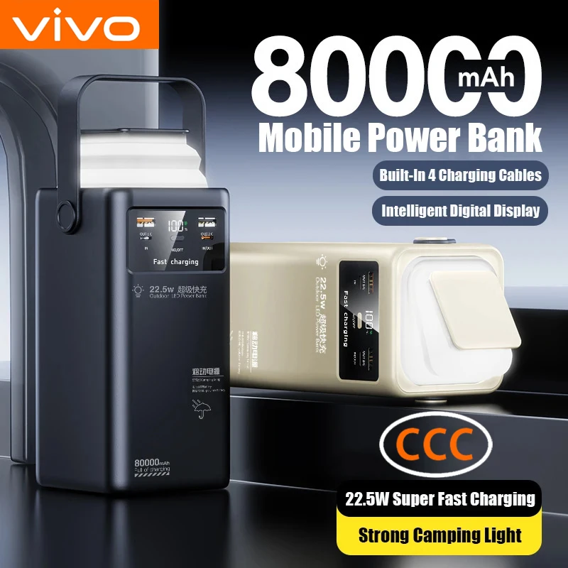 VIVO 80000mAh grande capacit� Portable alimentation de secours ext�rieure c�ble int�gr� et lumi�re de Camping pour IPhone Samsung Xiaomi