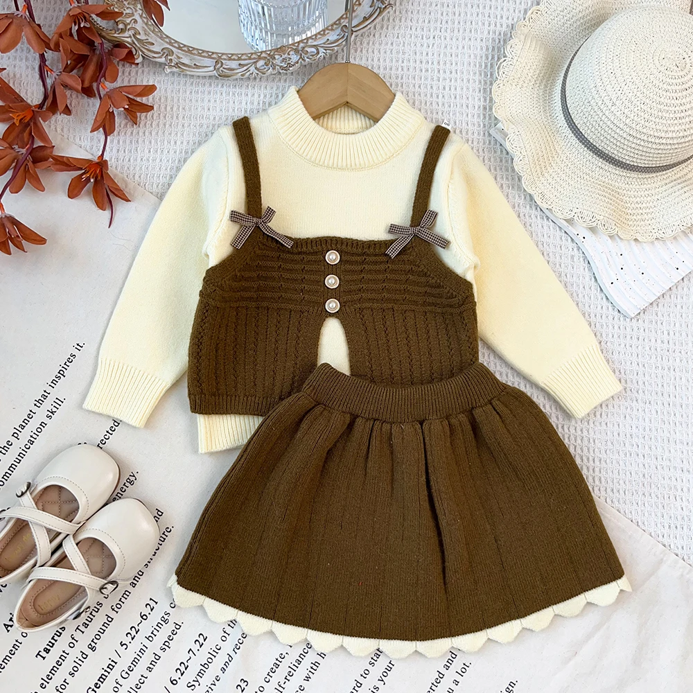 Red Christmas and New Year Girls' Clothes Fashion Holiday Two-piece Spliced Long Sleeved Sweater+Short Skirt Children's 2Pcs Set