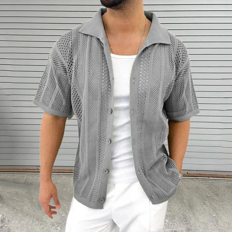 Summer Thin Knit Sweater for Men Lapel Short Sleeved Hollowed Out Cardigan Muscular Men's Clothing