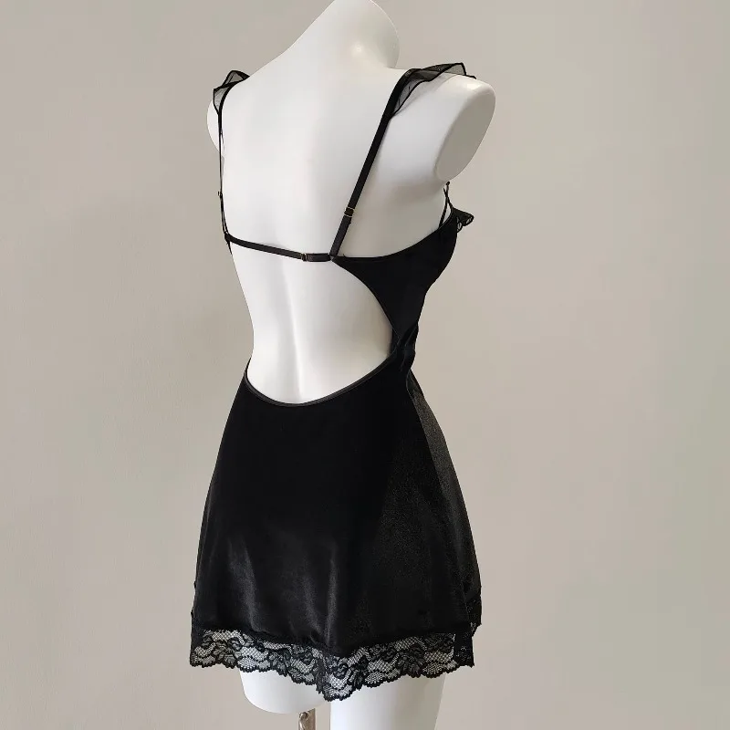 프랑스 섹시 벨벳 파자마 여성용 나이트가운 겨울용 가슴 패드 포함 서스펜더 나이트드레스 리본 스트랩 드레스 여성용 라운지웨어