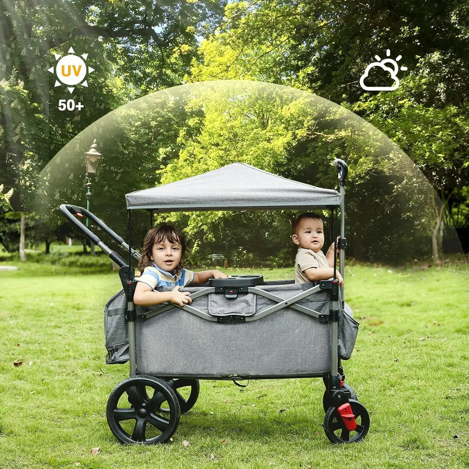 ADVANCED Foldable Wagons for Two Kids & Cargo, Collapsible Folding Stroller with Adjustable Handle Bar,Removable Canopy wit