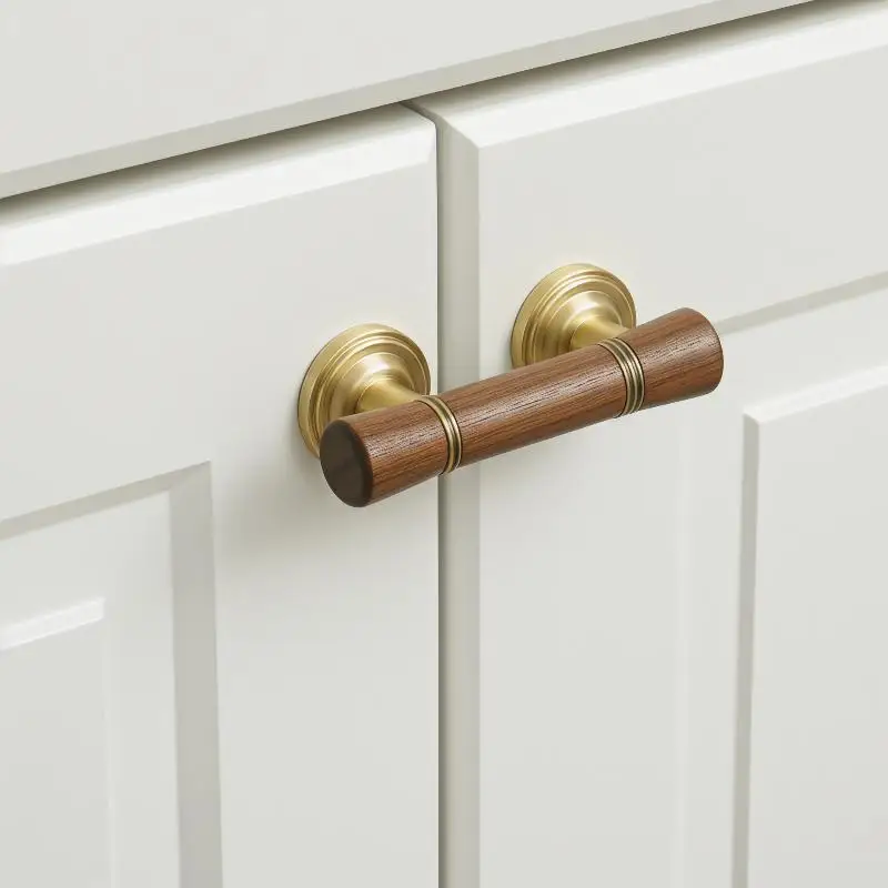 Vintage Look Nordic Cabinet Door Handle in Walnut and Brass for Clothing Storage