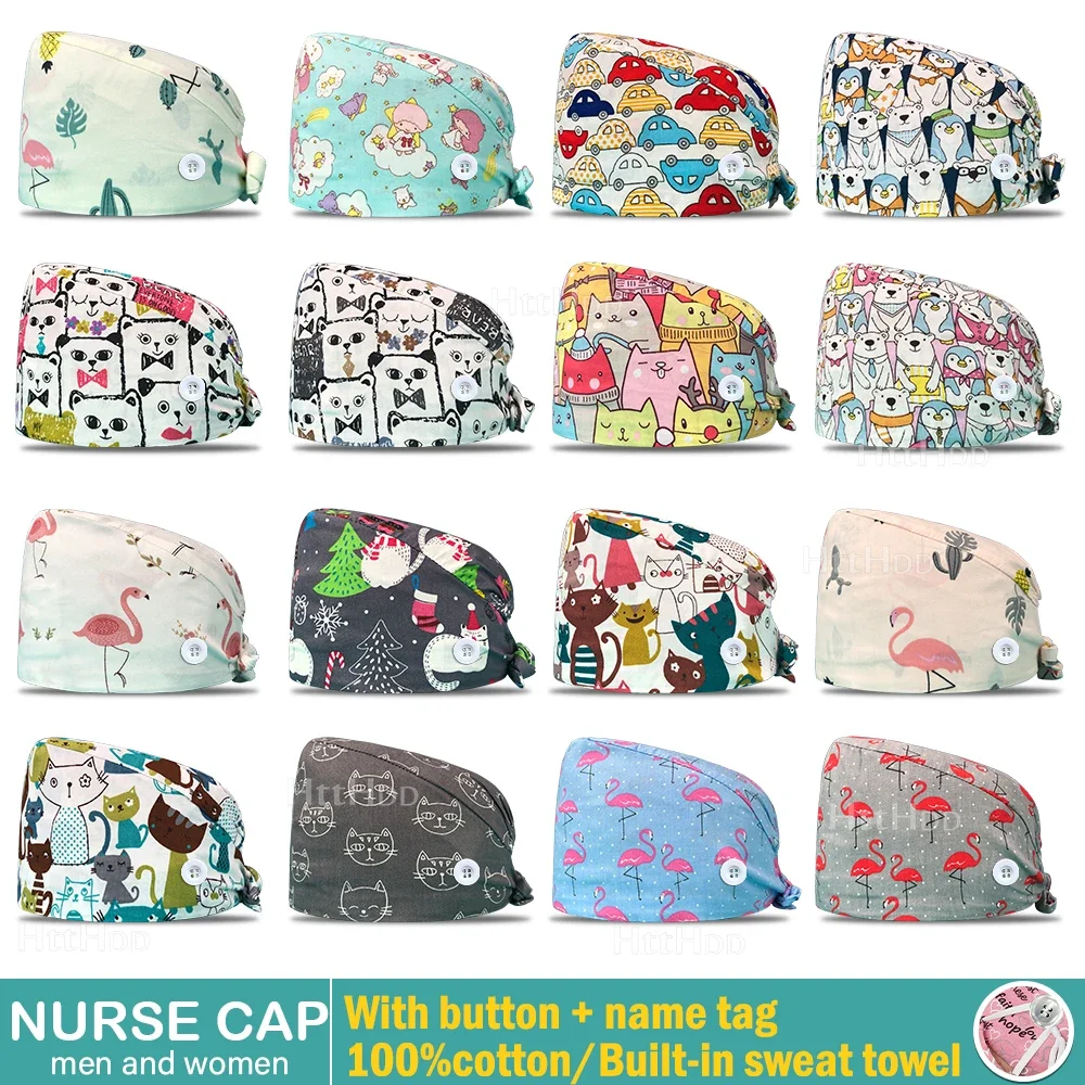 Medical Caps Multicolor Adjustable Pet Clinic Pharmacist Nursing Scrub Cap Unisex Cartoon Printing Scrub Hat Medical Supplies