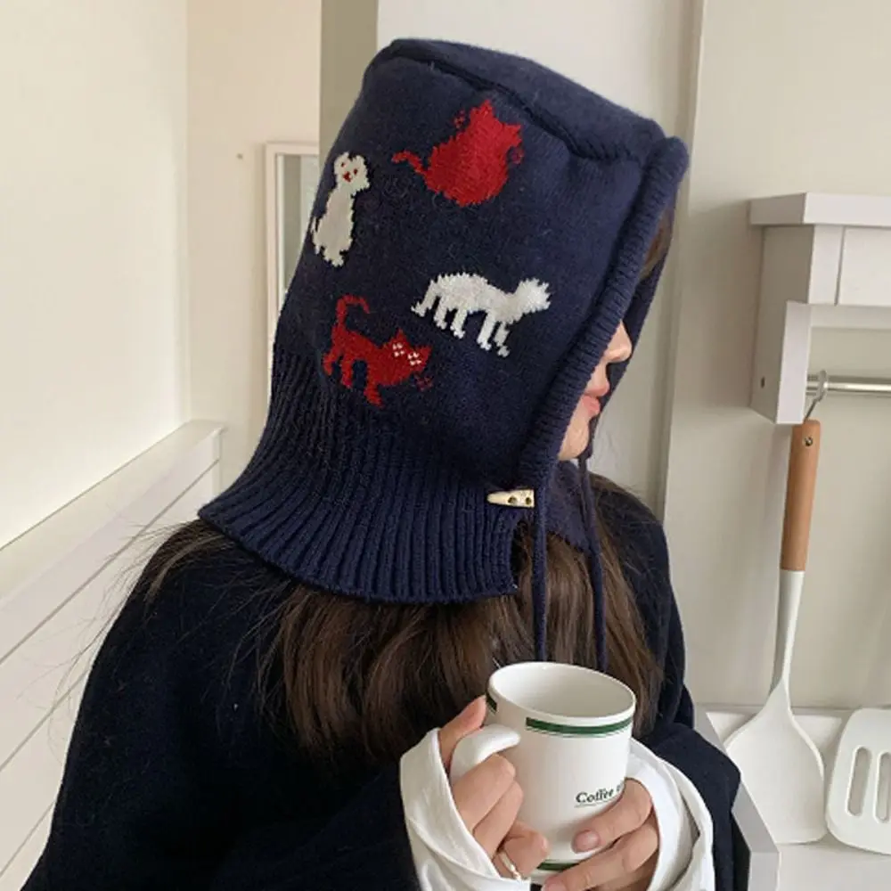 

Cute Pullover Hat Jacquard Balaclava Hat Red Kitten Cat Pattern Knitted Hat Thickened Simple Ear Protection Hat Warm