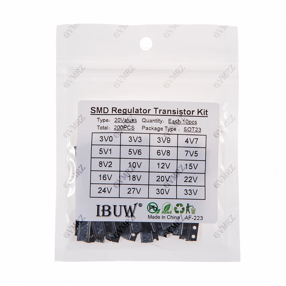 200PCS 20Values SMD Regulator Transistor Kit SOT23 (3V-33V) for Arduino DIY Electronic Voltage Regulation Project 3V0 3V3 12V