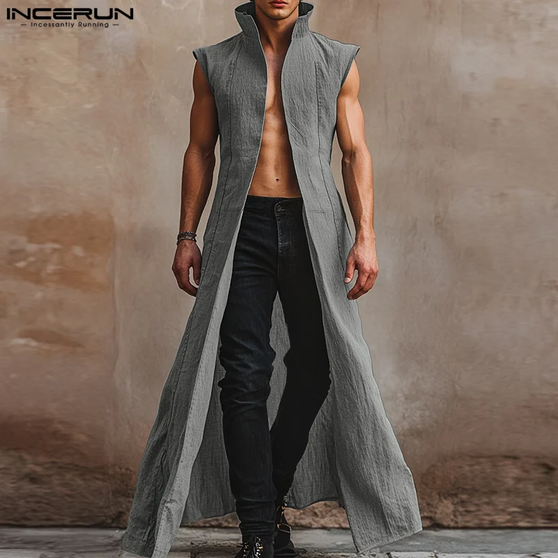 INCERUN Men Long Sleeve Shirts Solid Stand Collar Sleeveless Casual Male Cardigan Streetwear 2025 Fashion Open Stitch Outerwear