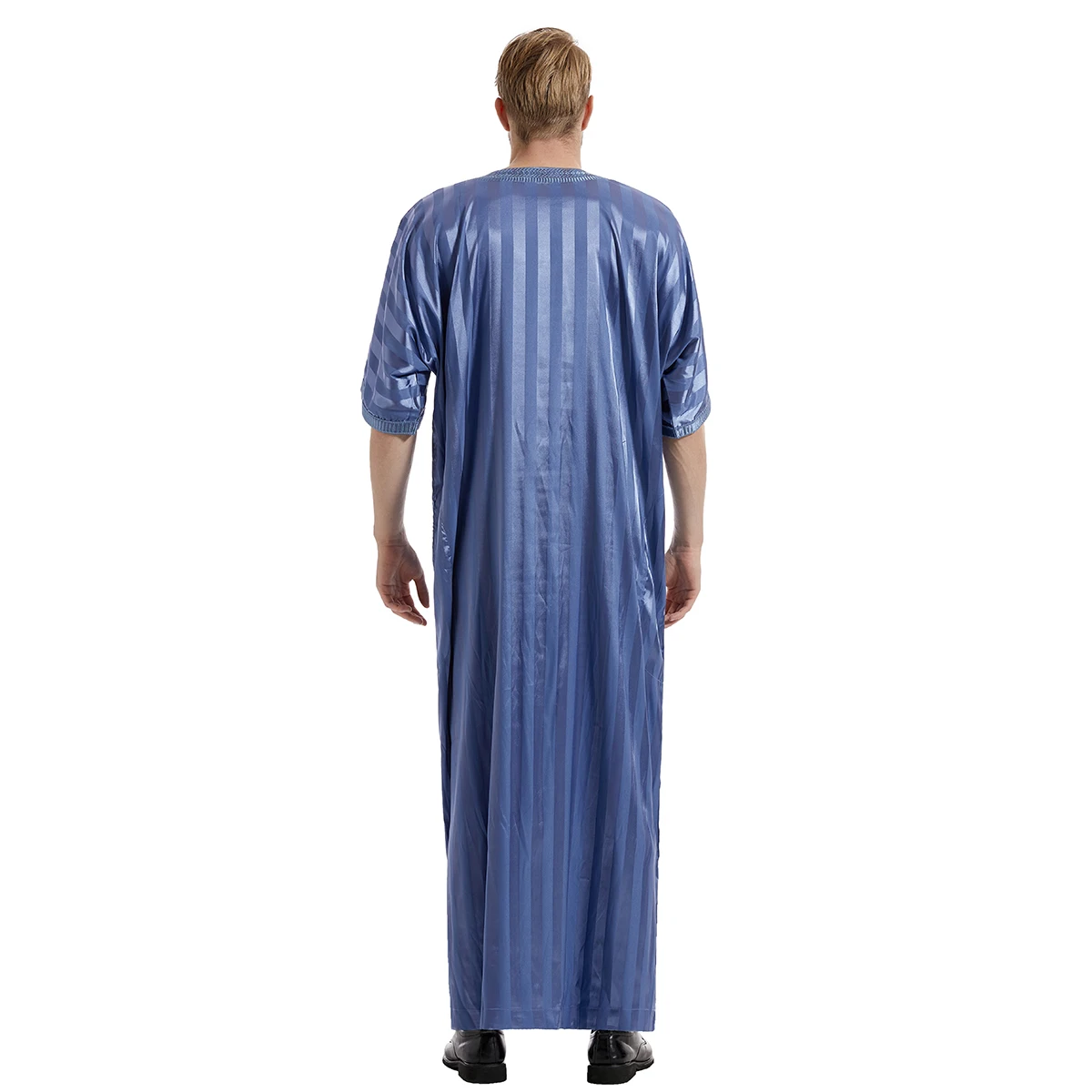 Muslim Men Summer Short Sleeves Round Collar Striped Robe Arab Male Adult Ankle Length Thobe Ramadan Eid Clothes