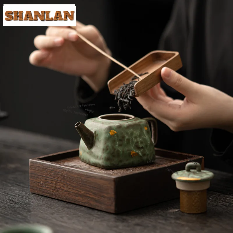 HOYIHM 200ml High End Bronze Glaze Teapot Handmade Old Rock Mud Square Pot Tea Maker Kettle Tieguanyin Kung Fu Teaware Gifts Cha