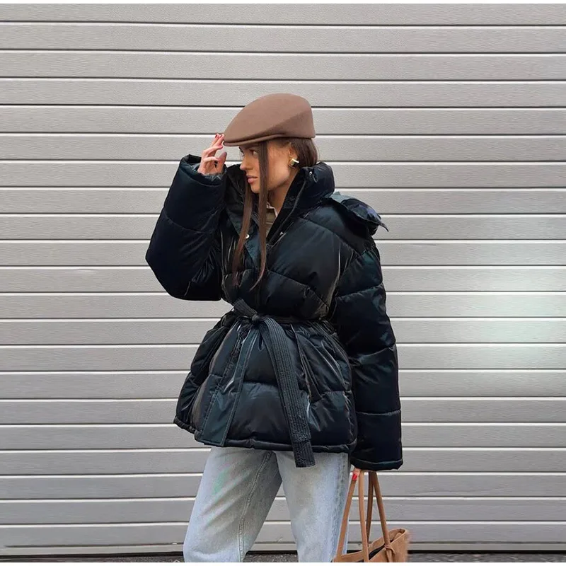Fashion Glossy Padded Jacket Women's Solid Hooded Long Sleeve Zipper Warm Down Coat 2026 Autumn Winter New Lady Casual Outerwear