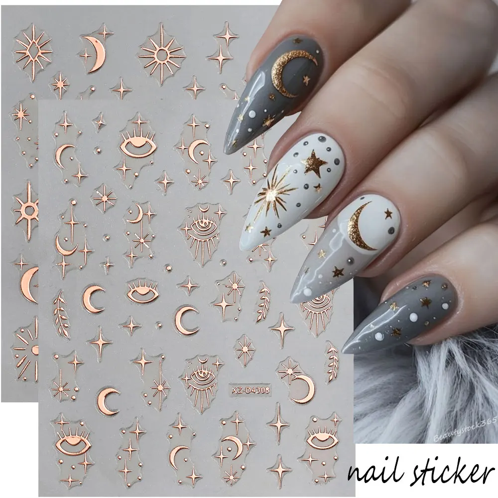 

3D Bronzing Rose Gold Moon/Star/Sun Nail Stickers Metallic Champagne Starlight Snake Nail Decals Bohemia Manicure Decora N7