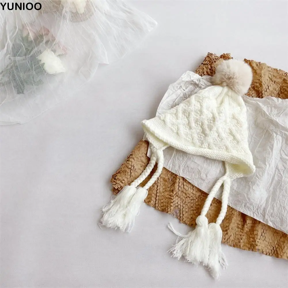 

Cute Autumn Winter Baby Crochet Hat Soft Warm Tassel Pigtail Hand Knitted Cap Outdoor Pom-pom Ear Protection Cap Boys Girls