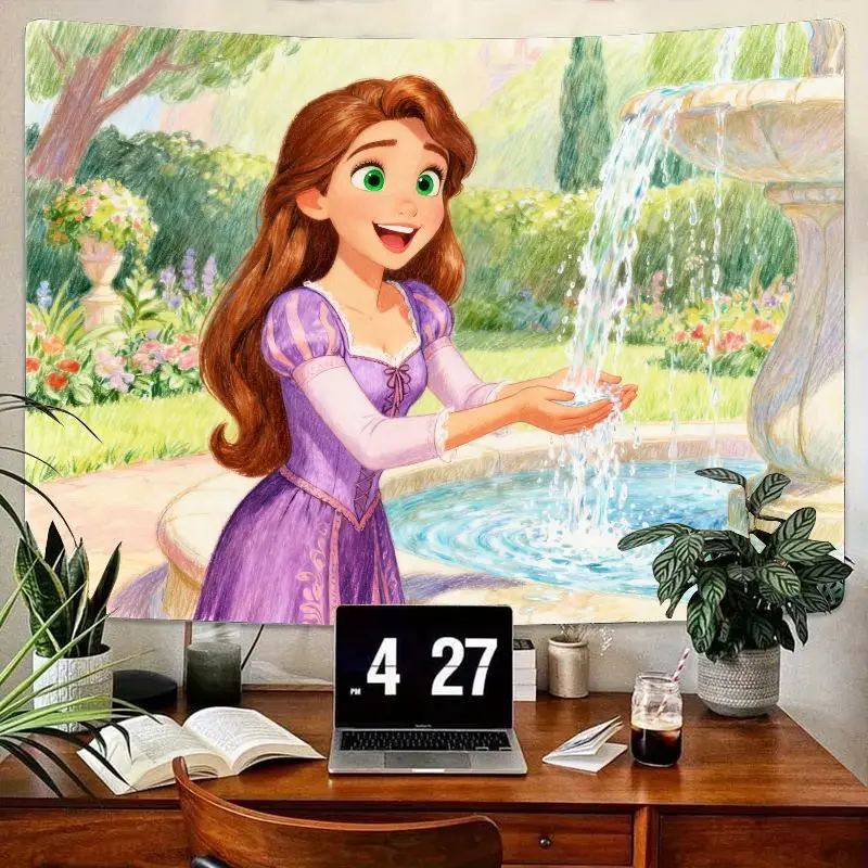 

1PC Princess Long Hair Girl Fountain Garden Tapestry, Aesthetic Polyester Wall Art for Bedroom Living Room Dorm Decor Gift.