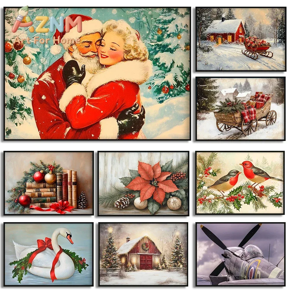 Christmas Rustic Church Santa Claus Winter Sleigh Retro Poster and Prints Canvas Printing Wall Art Picture for Living Room De
