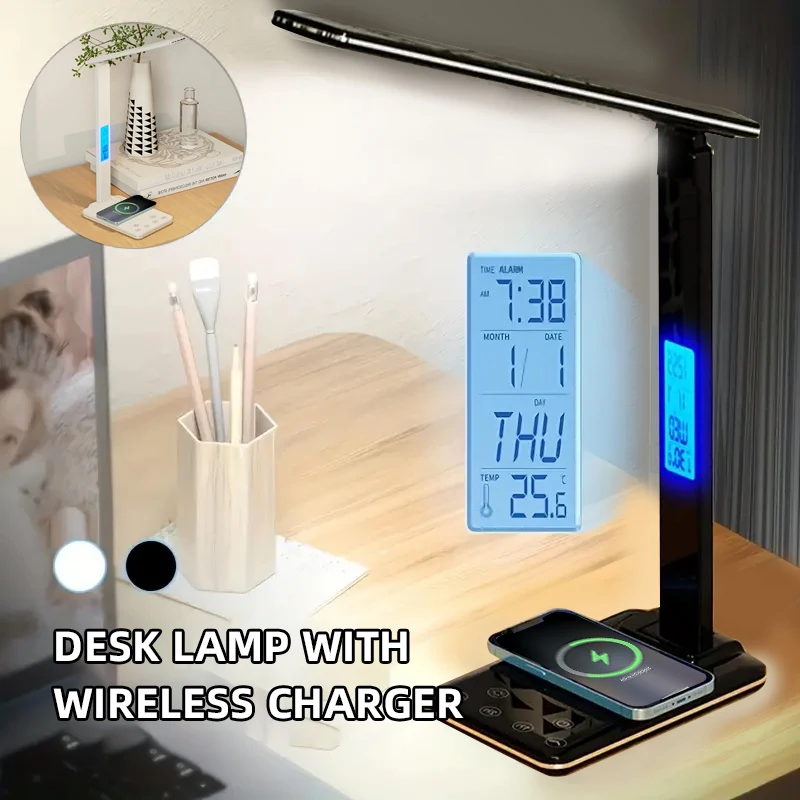 

10W Wireless Charging LED Desk Lamp With Calendar Temperature Digital Alarm Clock Eye Protect Study Business Light Table Lamp