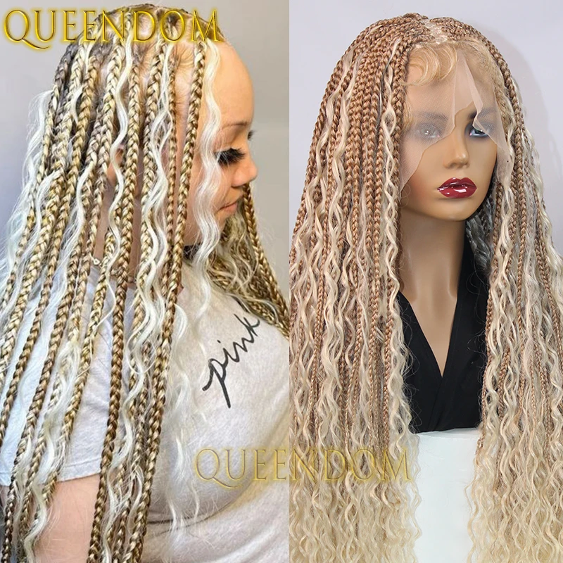 Synthetic Full Lace Bohemian Braid Wig 32 Inch Box Braids Goddess Wig With Curly Hair Ombre Blonde Gradation Cornrow Braided Wig