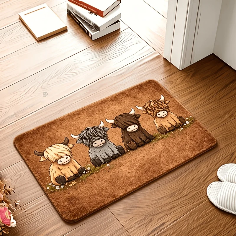 VIKAMA Entrance Door Mat Four Highland Cows Cartoon Grass Flower Print Non Slip Mat For Front Door Porch Farmhouse Decor