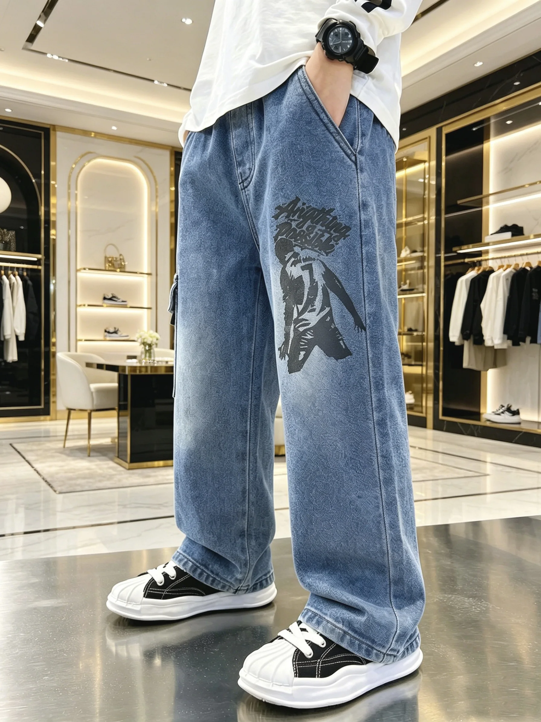 Original Design Boys' Workwear Jeans with Printed Football Figures and Inspirational Slogans, Sporty Style, Elastic Waist, Vintage Wash, Children's Clothing Jeans with Side Workwear Pockets, Street Style Workwear Loose Denim Pants, Boys' Comfortable Elastic Waist Casual Long Pants, Suitable for Daily Play and Outdoor Activities, Designed for Little Soccer Enthusiasts